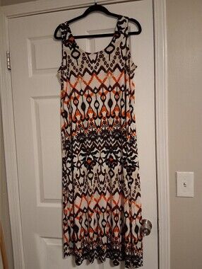 Jostar Sleeveless Orange and Brown Geometric Maxi Dress, Size Medium
